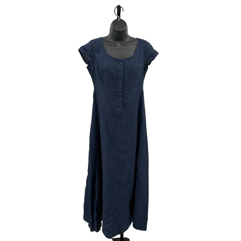 Chadwick's Dress WMNS 4 Navy Linen Midi Cap Sleeve Scoop Neck Coastal Casual